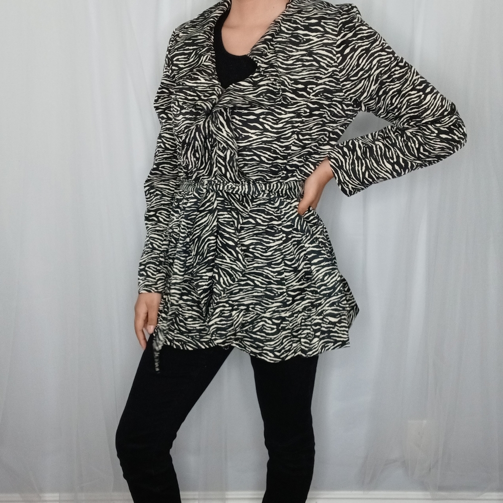 Sandro Zebra Print Jacket, Ruffled Collar, comes with Belt, Medium
